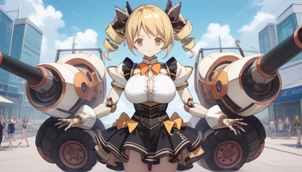  ROBOTARTSTYLE、 1 girl(Mami Tomoe, blonde hair, drill hair, twin drills, yellow eyes, large breasts,)、 robot 、 Robot joints、armor、 Bodysuit、Glossy Skin、 mecha thigh 、mechanical foot 、 robot skirt 、  White Shaft Electric Cannon