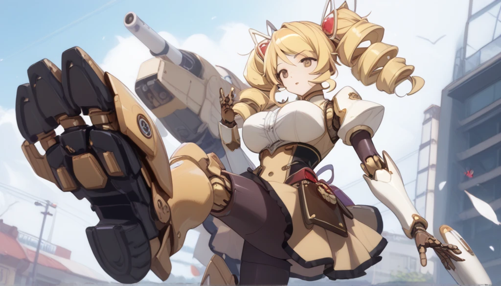  ROBOTARTSTYLE、 1 girl(Mami Tomoe, blonde hair, drill hair, twin drills, yellow eyes, large breasts,)、 robot 、 Robot joints、armor、 Bodysuit、Glossy Skin、 mecha thigh 、mechanical foot 、 robot skirt 、  White Shaft Electric Cannon