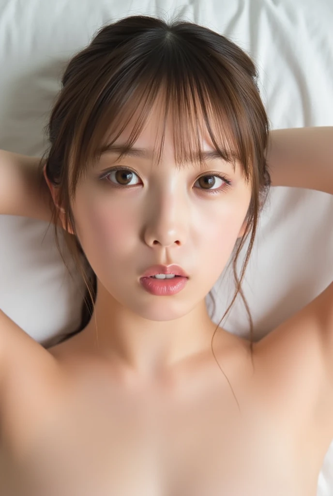 (Half open eyes and   、  It looked at us  ),(Round face woman),(naked),,  raises arms,(  are because Shirokane is in the middle of winter),
(  shot by a cowboy :1.3),Front View,(  Looks like she wants a white duvet background for the bed )
(   Straight light brown hair slightly longer than shoulders ),
  Face climax from satisfying sexual desire   ,
 Please Squint ,   Her expression wants to lick your penis  ,  skin that shines with sweat
breaks
Photo  、
Actual Product、