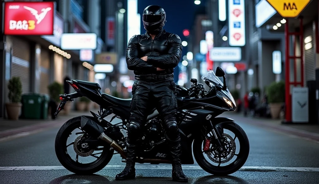 A full-body image of a muscular adult male dressed in police tactical gear, PTU-style, wearing a black leather full-body suit, mask, and tactical boots. The sleek leather outfit provides full coverage, exuding a dark and intense atmosphere. The scene is illuminated by low light, casting dramatic shadows that enhance the mysterious and powerful presence. He stands beside a heavy-duty police motorcycle, ready for action, in a futuristic cyberpunk city street filled with neon lights and advanced technology. The composition emphasizes his commanding stance and the tactical precision of his gear, blending a sleek, futuristic aesthetic with a gritty, law enforcement vibe.,Alia suit