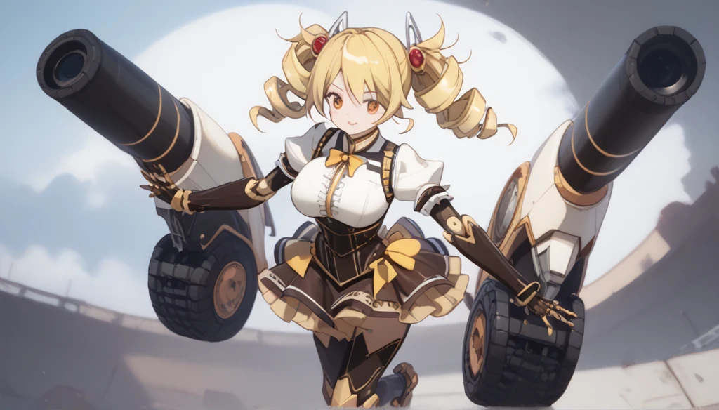  ROBOTARTSTYLE、 1 girl(Mami Tomoe, blonde hair, drill hair, twin drills, yellow eyes, large breasts,)、 robot 、 Robot joints、armor、 Bodysuit、Glossy Skin、 mecha thigh 、mechanical foot 、 robot skirt 、  White Shaft Electric Cannon