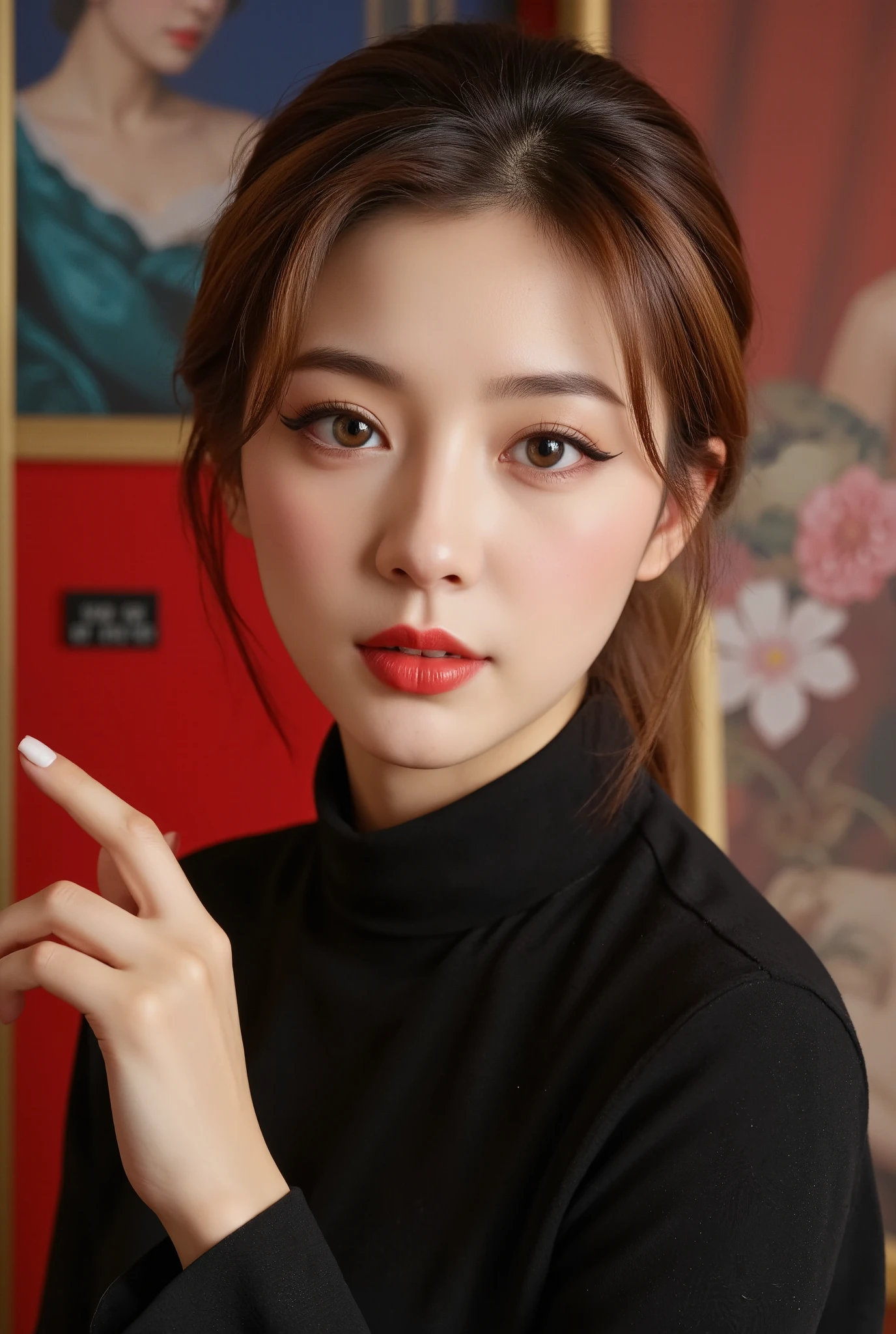Chinese Woman, 40 years old ( Cat eye style that emphasizes the outer corner of the eye : 1.5), flashy makeup, Sophisticated adult beauty , DARK EYELINER (1.5), Slim and elegant body (1.4), Eyes: Gloss Add a feeling {x} Hairstyle is a gorgeous set with volume {x} dark brown and gold gradation eyeshadow, Bright deep brown hair color , mouth: bright red lipstick (1.5), Add gloss , skin texture: Flashy and gorgeous look , Atmosphere with mature beauty and glamor (1.4), Wavy Hair , Mascara that accentuates long lashes , Gloss using highlights all over the face (1.4), sharp focus , High Details, super high res (1.4), Facial Features: Seductive and powerful look , Seductive and powerful expression , Physical characteristics: Smooth and matte finish , charming pose, Realistic and Realistic (1.4), surreal (1.2), masterpiece, top quality , depth of field , Physically Based Rendering , Vivid and striking colors 。