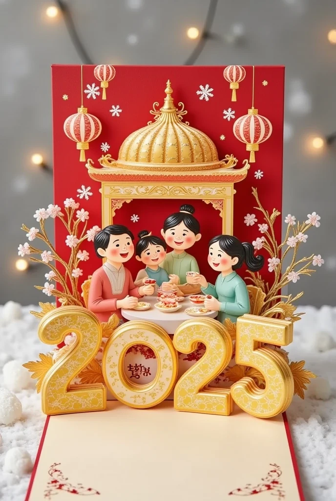 In the 3D style, the center of the picture is a huge calendar. On the calendar, a family of four is enjoying dinner, New Year's scene, the table is full of delicious dishes, and the lanterns emit warm light. The delicate details of the lantern include a gold pattern and gently swaying tassels. In front of the lantern, the three-dimensional golden digital "2025" has bright colors and delicate textures. In the background is a winter city scene with snowy flowers floating in the air. The whole picture is full of the vitality and festive atmosphere of the Spring Festival.