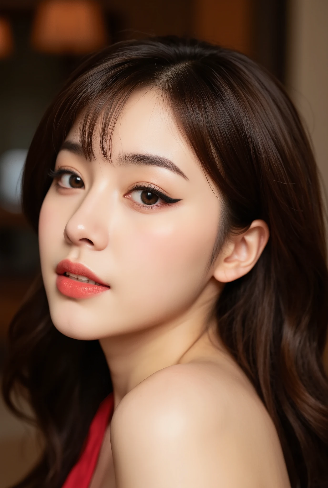 Chinese Woman, 40 years old ( Cat eye style that emphasizes the outer corner of the eye : 1.5), flashy makeup, Sophisticated adult beauty , DARK EYELINER (1.5), Slim and elegant body (1.4), Eyes: Gloss Add a feeling {x} Hairstyle is a gorgeous set with volume {x} dark brown and gold gradation eyeshadow, Bright deep brown hair color , mouth: bright red lipstick (1.5), Add gloss , skin texture: Flashy and gorgeous look , Atmosphere with mature beauty and glamor (1.4), Wavy Hair , Mascara that accentuates long lashes , Gloss using highlights all over the face (1.4), sharp focus , High Details, super high res (1.4), Facial Features: Seductive and powerful look , Seductive and powerful expression , Physical characteristics: Smooth and matte finish , charming pose, Realistic and Realistic (1.4), surreal (1.2), masterpiece, top quality , depth of field , Physically Based Rendering , Vivid and striking colors 。
