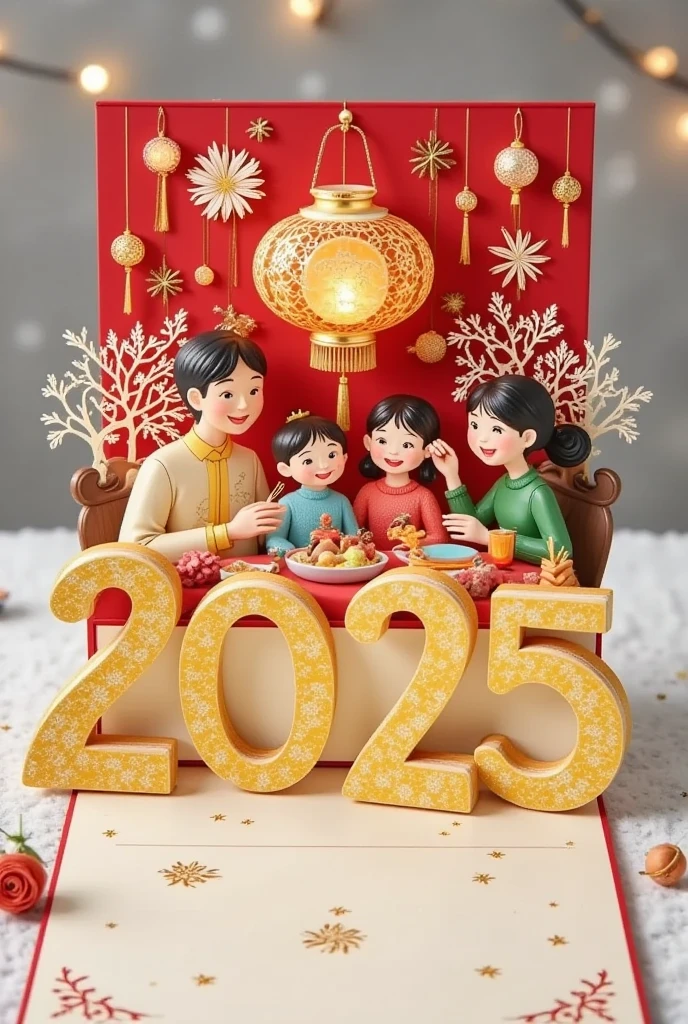 In the 3D style, the center of the picture is a huge calendar. On the calendar, a family of four is enjoying dinner, New Year's scene, the table is full of delicious dishes, and the lanterns emit warm light. The delicate details of the lantern include a gold pattern and gently swaying tassels. In front of the lantern, the three-dimensional golden digital "2025" has bright colors and delicate textures. In the background is a winter city scene with snowy flowers floating in the air. The whole picture is full of the vitality and festive atmosphere of the Spring Festival.