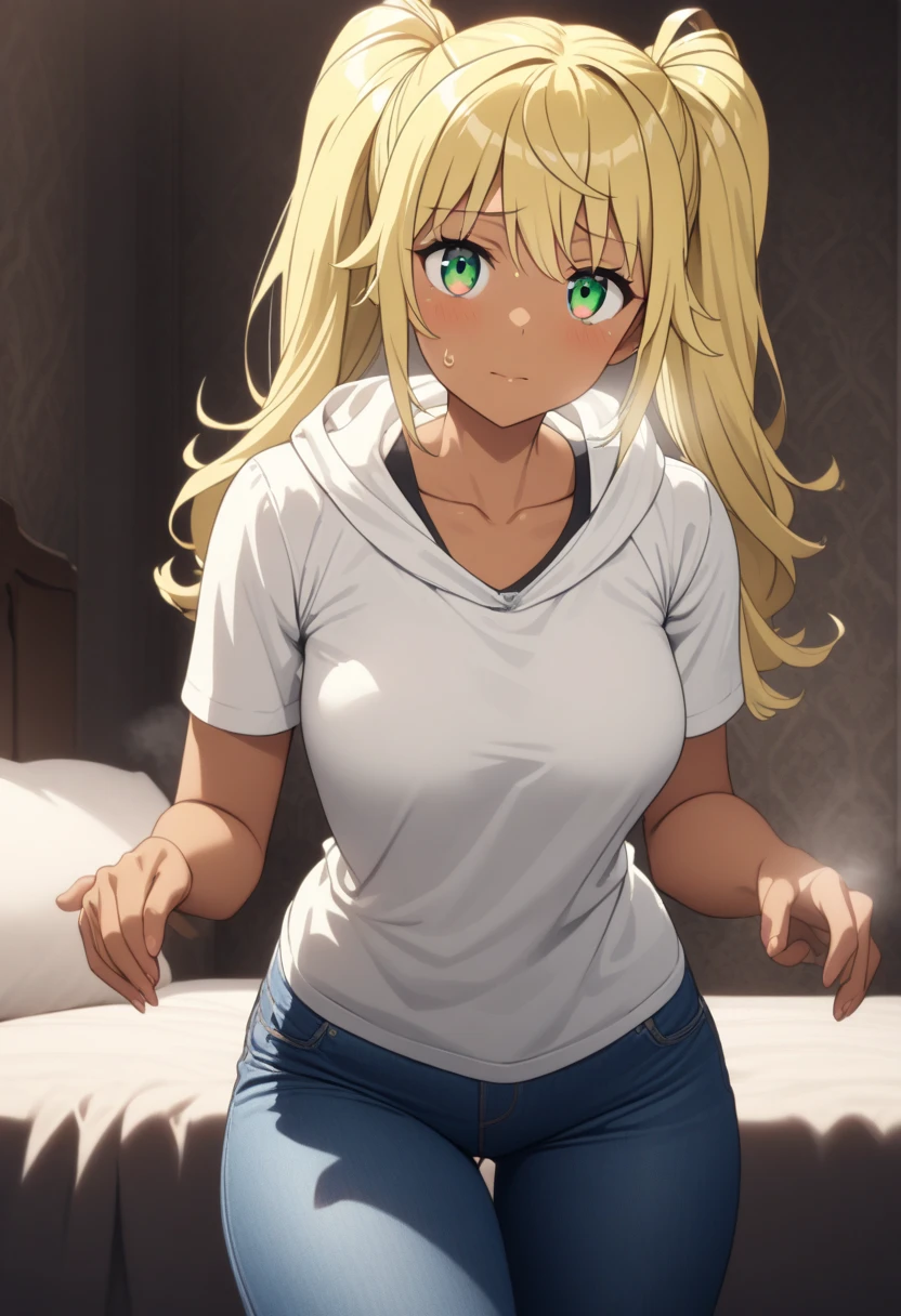 masterpiece,best quality,high resolution,16k,ultra HD,wallpaper,illustration,perfect face,cowboy shot,beautiful detailed eyes,extremely detailed face,perfect lighting,extremely detailed CG,perfect hands,perfect anatomy,perfect body,perfect hands,perfect fingers,1woman,full body,,,blonde twintails hair,green eyes,large breasts,Medium ass,,(white hood inner T-shirt with Brown Leather jacket), White very short jeans pants,clothed,,collarbone,,looking at viewer, (),Steam,sweat,on the bed,(How Heavy Are the Dumbbells You Lift character Hibiki Sakura),tan skin