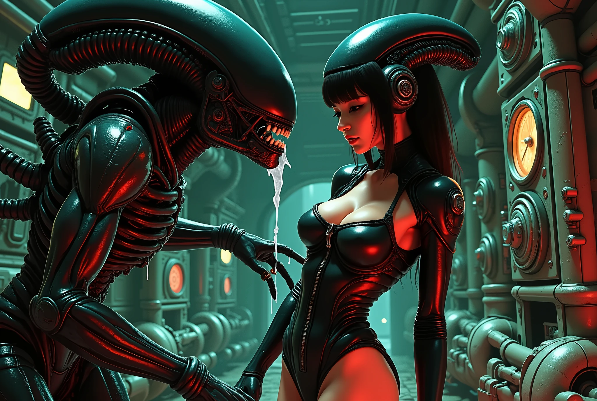 slender Japanese girl, wearing tight black leather space suit with red trim, watching a horny male xenomorph ejaculate, on the derelict space freighter Nostromo, small breasts, curvy firm ass, vulva outlined in her tight space suit, very erotic, xenomorph is secreting a white substance on the girl, spurting it on her, surreal horror, Italian fumetto style, Mario Bava Italian sci-fi and horror aesthetic, high contrast, vivid colors, lurid eerie atmosphere, psychological tension, intricate line work, nightmarish atmosphere, porno magazines, retro, vintage, red and green tones, lo-fi vibe, steamy, dials. pipes, gauges, 60s aesthetic, horror movie, detailed, intricate, volumetric lighting,