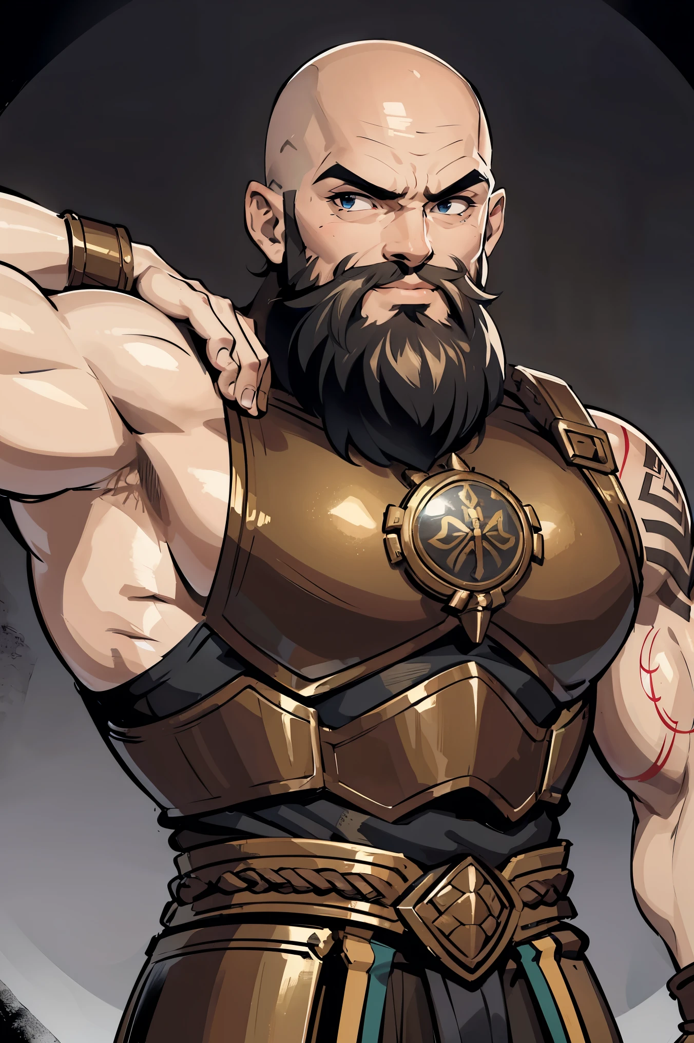 muscular man, bald head, bald, full beard, light brown beard, small man, masculine face, adventurers armor, adventures uniform, full armor, muscular arms, black tattoo on arms, black tattoo on shoulder, funny expression, aggressive smile, vein arms, old village background,