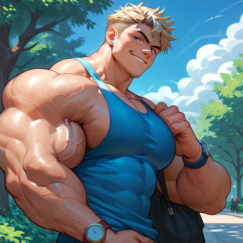 maxlightning, 1boy, young, muscular, sleeveless shirt, looking at you, wristwatch, big biceps, veiny arms, outside, park, blue sky, side view, turning head, arrogant, smirk