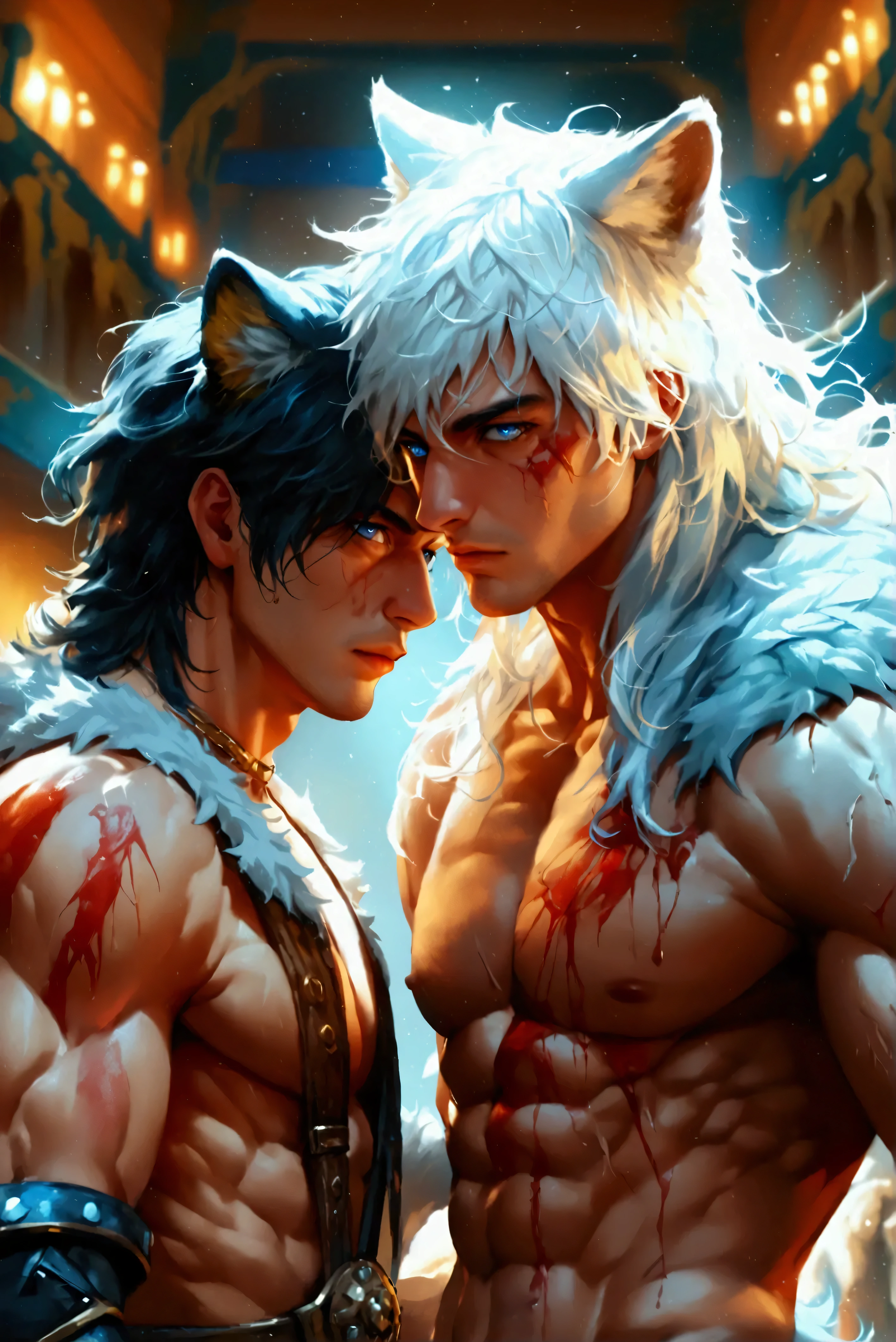 (((masterpiece))), (8k), (pseudo realism), (intricate details), (full body focus), (full body photo), (far zoom), (view from above), 2male, HD painted style, 8k, high-definition, very realistic, hyper-realism, 1 male: muscular human male with wolf ears and wolf tail and long white hair with gold eyes, fighting 1male: muscular human male with panther ears and panther tail with black hair and bright blue eyes, both males bruised, both males disheveled, in a fighting arena, bruised, injured, fighting, realistic, (EyesHD: 1.5), (masterpiece), (best quality), (ultra-detailed), (very aesthetic), (sharp focus), (depth of field), (vibrant colors), (ray tracing), (best lighting), detailed illustration), (detailed background), 8k, (cinematic), (beautiful face), (beautiful eyes), realistic facial features, detailed features, realistic features, defined features, detailed hair, semi-realistic style, semi-realistic, attractive features, masculine, dark colors, dark lighting, painted style, detailed style