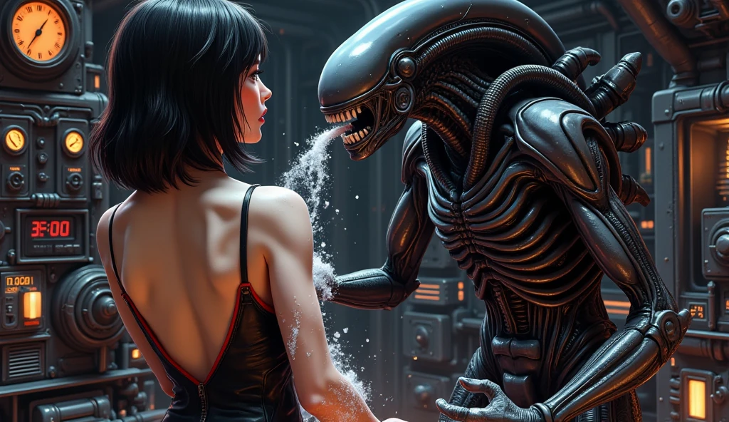 slender Japanese girl, wearing tight black leather space suit with red trim, watching a horny male xenomorph ejaculate, face hugger tube going down her throat, she welcomes it, on the derelict space freighter Nostromo, small breasts, curvy firm ass, vulva outlined in her tight space suit, very erotic, xenomorph is secreting a white substance on the girl, spurting it on her, surreal horror, Italian fumetto style, Mario Bava Italian sci-fi and horror aesthetic, high contrast, vivid colors, lurid eerie atmosphere, psychological tension, intricate line work, nightmarish atmosphere, porno magazines, retro, vintage, red and green tones, lo-fi vibe, steamy, dials. pipes, gauges, 60s aesthetic, horror movie, detailed, intricate, volumetric lighting,