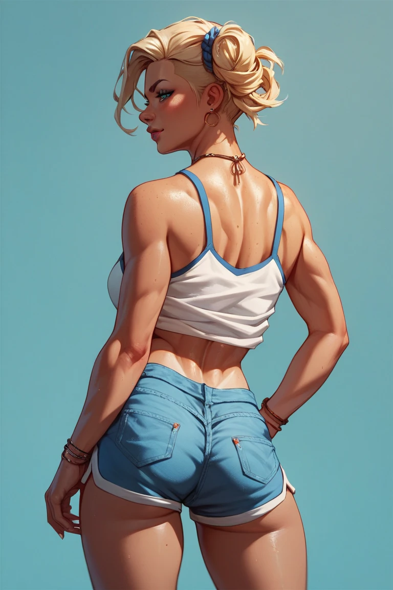 ((masterpiece, best quality)), ((Buff Blonde Norwegian woman in white tanktop and white panties)), (( looking completely forward)), back shot, large buttocks, backside emphasis, realistic art style, intricate details