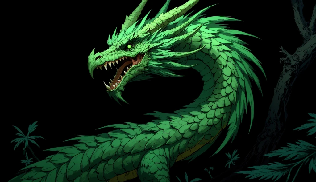 (best quality, high resolution:1.2), anime art, fundo preto, The head of a green Chinese dragon with a distinctly bird-like appearance emerges from the darkness, featuring sharp, beak-like features, glowing green eyes faintly visible, and intricately detailed feathers blending into its scales.