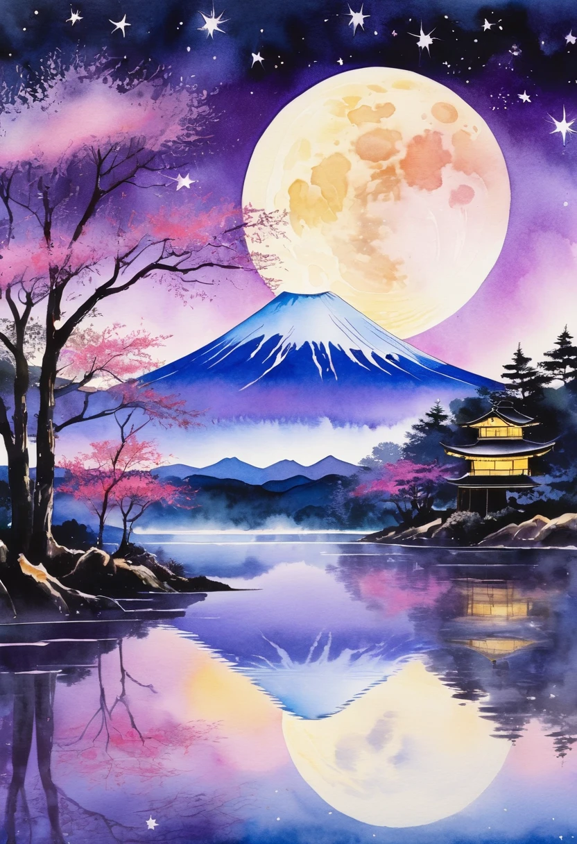 Watercolor painting, big moon and Mount Fuji highlighted by the reflection of trees in the water, digital fantasy landscape, dreamy collage, light purple gold and black and stars, Flickr, airbrush art, mesmerizing color landscape, eye-catching composition style --ar 5:7 --v 6