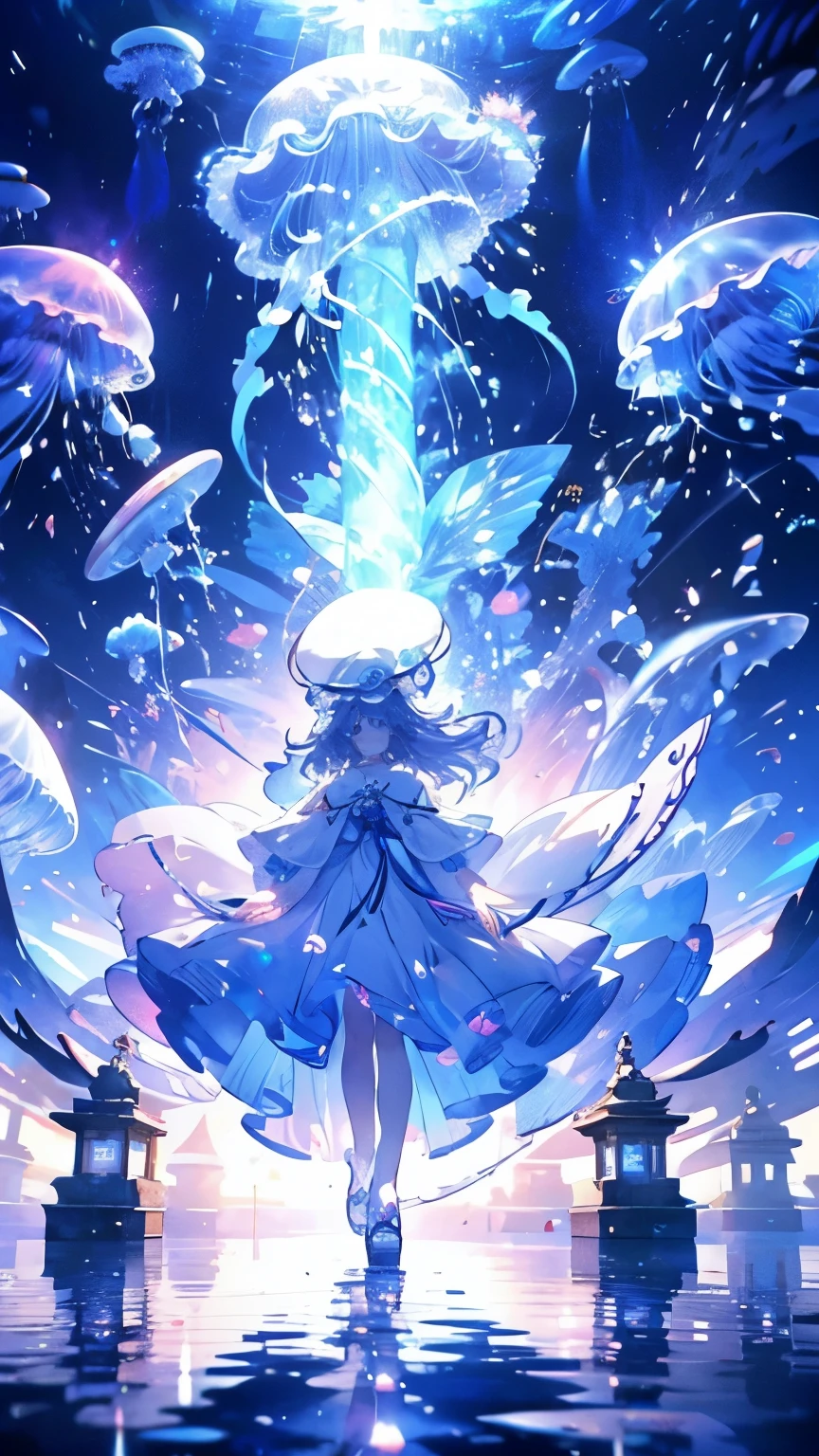 Person in a white dress、Arafad image of a woman in a white hat, Jellyfish Shrine Maiden, Complex and gorgeous anime CGI style, Jellyfish Miko, cgstation Popular Topics, Gwaiz, Close-up fantasy of the magic of water, Anime girl walking on water, Gwaiz style artwork, Jellyfish Dance, Fantastic fantasy, Victorian era,Elements of jellyfish