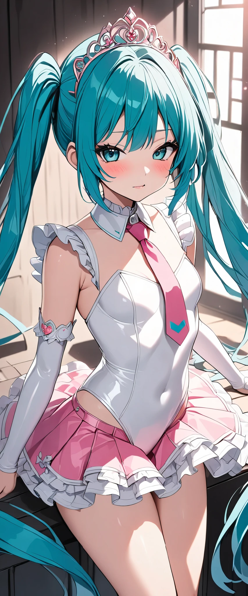 Super Idol　Little Beautiful Girl　A charming smile　sky blue hair　length hair　Twin-tailed　Bright pink and white leotard outfit　White panty　Mystical　Fantasia　constellation　a moon　Crystal Brilliance　Aurora Borealis in the Night Sky