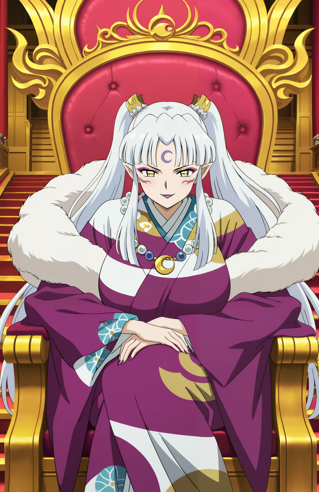 general, highres, ultra-detailed,very aesthetic, best quality , best hands, BREAK ! Sesshomaru_no_Haha,pointy ears, japanese clothes, 1girl, solo, facial mark, kimono, white hair, long hair, yellow eyes, makeup, lipstick, forehead mark, crescent, necklace, fur, jewelry, purple lips, ponytail, twintails, fur trim, anime coloring, hair ornament, wide sleeves, throne, throne, fearless smile, ultra huge breasts, marble stairs in behind, queen’s gold & red chair, sitting on chair,