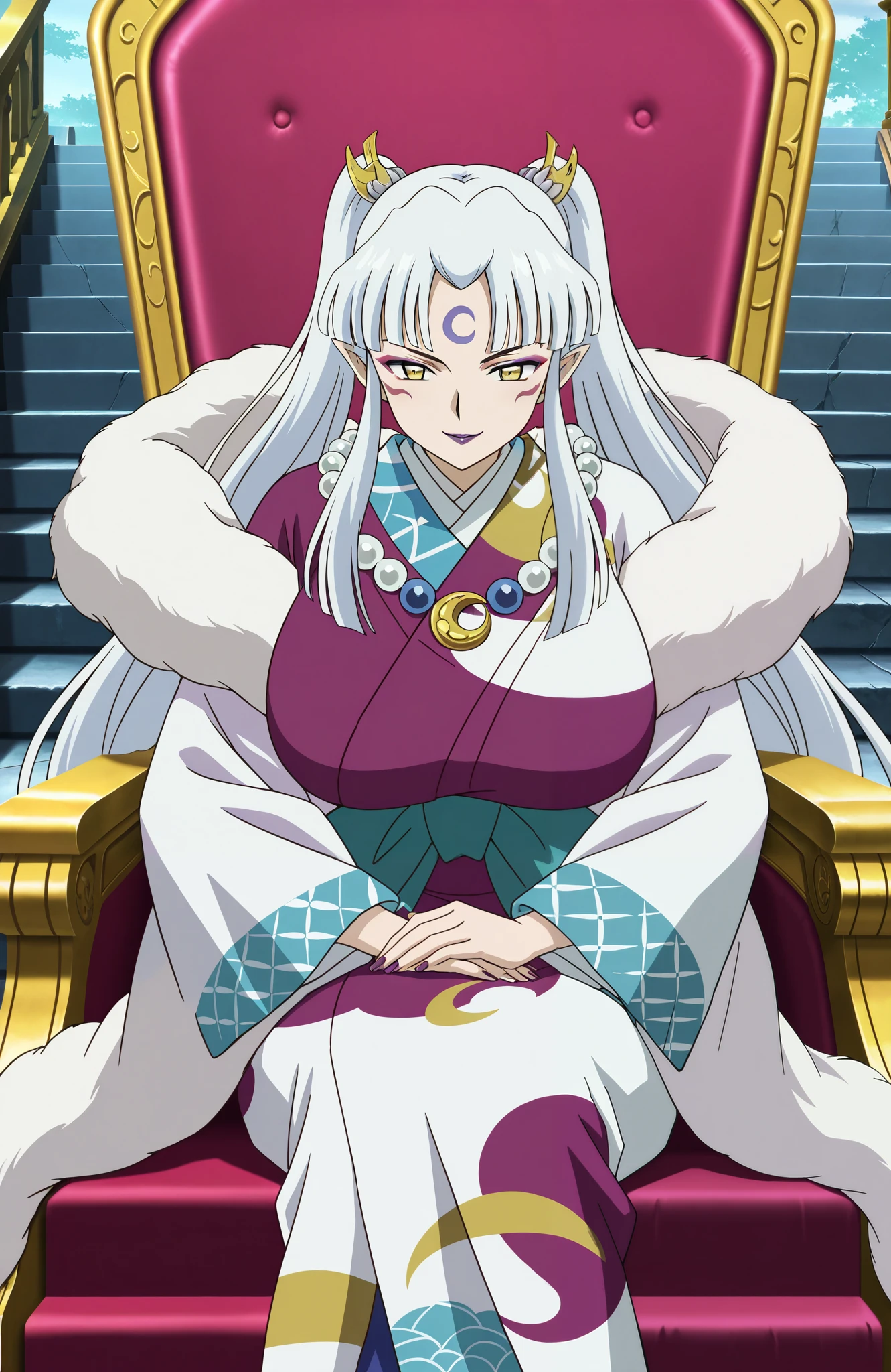 general, highres, ultra-detailed,very aesthetic, best quality , best hands, BREAK ! Sesshomaru_no_Haha,pointy ears, japanese clothes, 1girl, solo, facial mark, kimono, white hair, long hair, yellow eyes, makeup, lipstick, forehead mark, crescent, necklace, fur, jewelry, purple lips, ponytail, twintails, fur trim, anime coloring, hair ornament, wide sleeves, throne, throne, fearless smile, ultra huge breasts, marble stairs in behind, queen’s gold & red chair, sitting on chair,