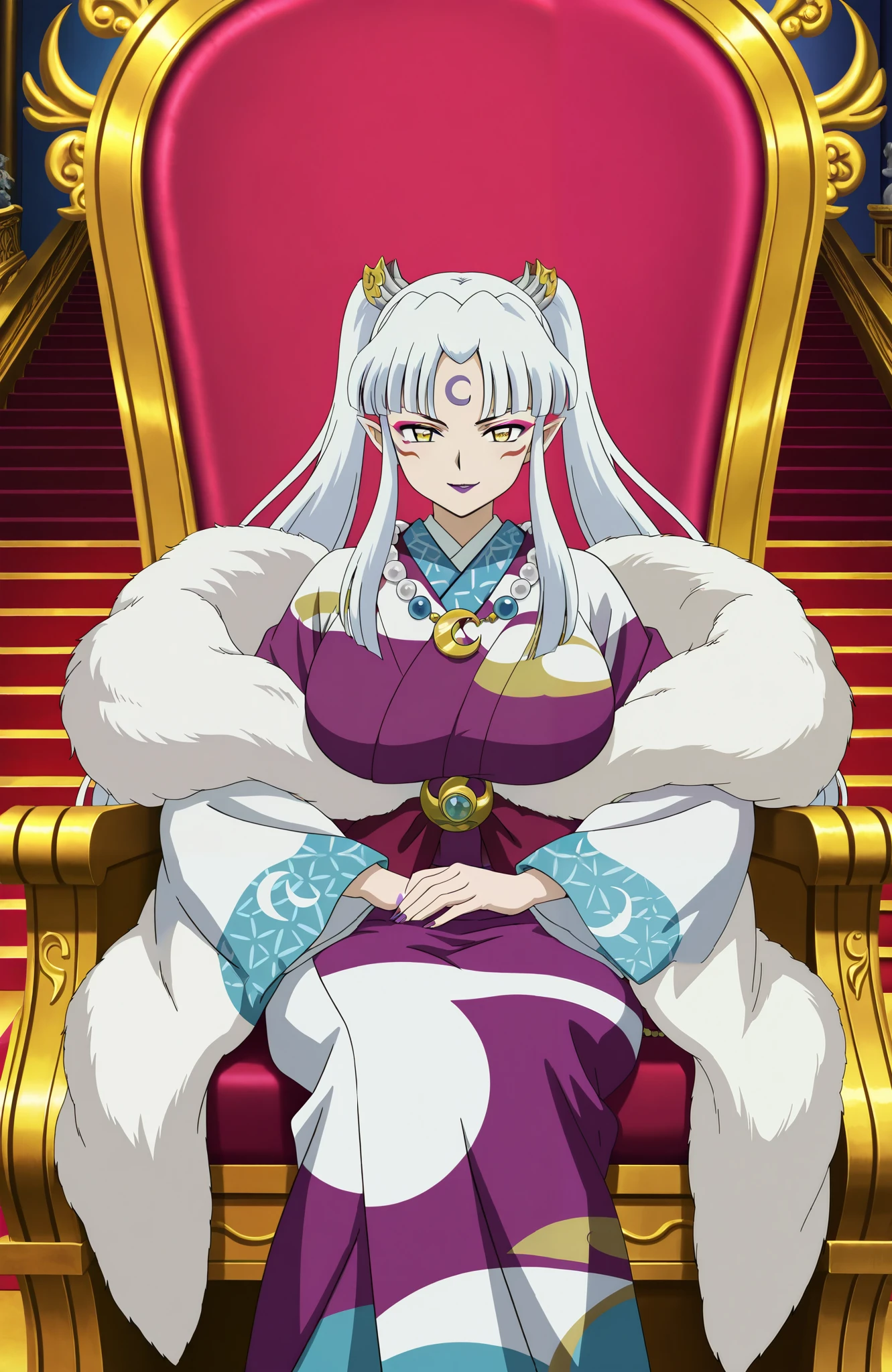 general, highres, ultra-detailed,very aesthetic, best quality , best hands, BREAK ! Sesshomaru_no_Haha,pointy ears, japanese clothes, 1girl, solo, facial mark, kimono, white hair, long hair, yellow eyes, makeup, lipstick, forehead mark, crescent, necklace, fur, jewelry, purple lips, ponytail, twintails, fur trim, anime coloring, hair ornament, wide sleeves, throne, throne, fearless smile, ultra huge breasts, marble stairs in behind, queen’s gold & red chair, sitting on chair,