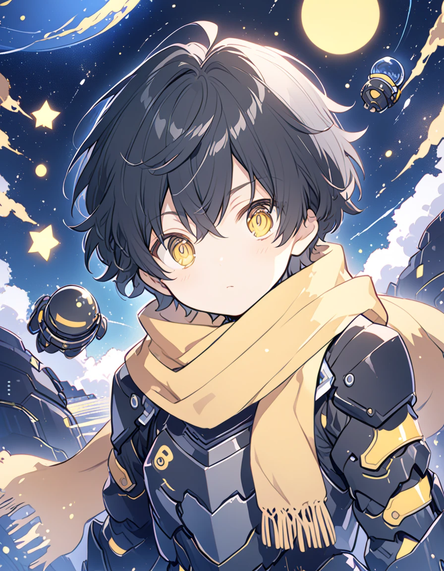 Detailed 8k cute theme , Boy in the scarf , short hair disheveled black and yellow eyes wearing black technological armor with outer space in the background