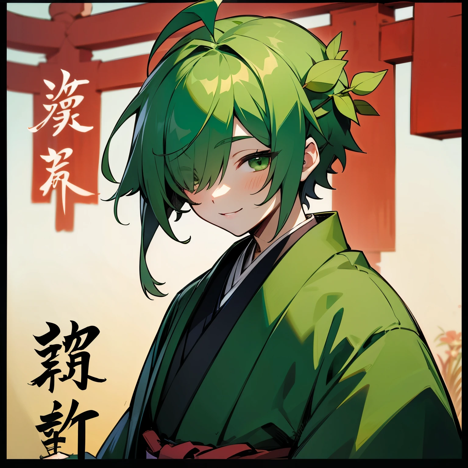 (boy), Dryad, green ivy hair, green eyes, short cut, side part, ahoge, hair over one eye, thin eyebrows, smiling, young, alone, short, Shota, hakama, japanese clothes, japanese coat, plant hair accessory, Solo, shrine, New Year
