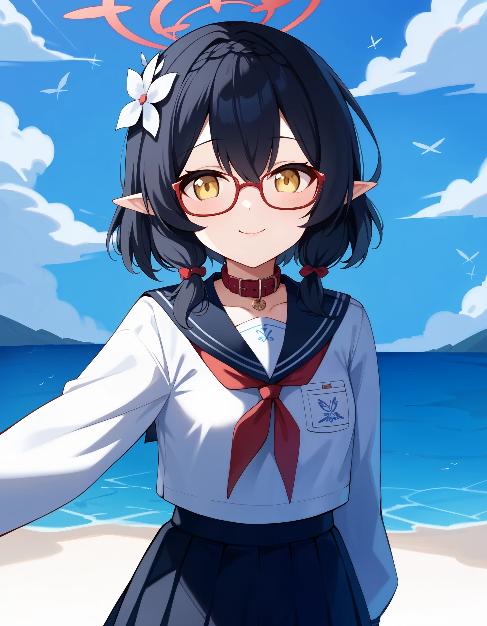 Masterpiece, hd, 1girl, ayane \(blue archive\), smile, happy,yellow eyes,short hair,black hair,glasses,pointy ears,hair flower,halo, flat breasts, wearing sailor uniform, long sleeves, white sailor uniform, blue sailor collar, blue pleated skirt, red neckerchief, cute girl, cute character, smile, Standing, potrait, looking at viewer, smile, outdoor, school background