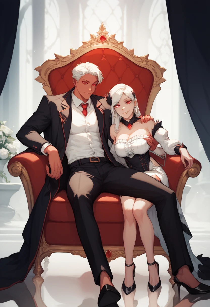 white-haired, red-eyed man wearing a white long-sleeved shirt and black pants sat on a throne.There was a two women , wearing stockings, and high heels, sitting on his left lap.at night anime