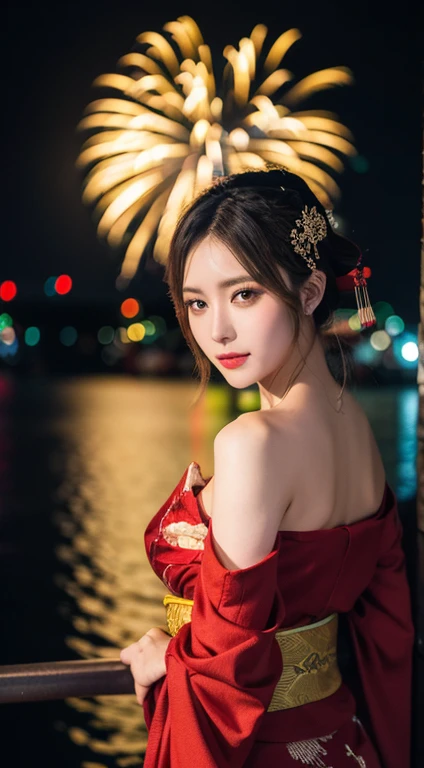 ((((8k))),((Extremely meticulous CG)) ,(wallpaper),16k,((Extremely refined and beautiful)),(((Masterpiece))),(((best qualtiy))),(((Ultra High Resolution))),beautiful light up,Perfect lightning,realistic shaded,[A high resolution],(Smooth and flawless fair skin:1.5),(pale skin:1.3),Extremely exquisite facial details,(perfect body:1.1),ultra-detailed,A beautiful girl,solo,(small head:1.2),(short ponytail:1.1),(small face:1.2),Exquisite makeup,(flat chests:1.2),((slim,thin)),happy,(laughing:1.2),(fur collar:1.2),(Gorgeous Exquisitely embroidered fur edged red hanfu:1.5),(red hakama:1.2),(night scene:1.3),(a bright full moon in the sky:1.5),(outdoor:1.2),(On the street:1.3),(In ancient Chinese town:1.3),(ablaze with lights:1.3),(buildings:1.3),(lanterns:1.2),(detailed background:1.5),(standing:1.3),(arms behind back:1.3),(upper body:1.3),(from front:1.3),(surrounded by crowded crowds:1.5),(winter:1.3),(fireworks in the sky:1.3)