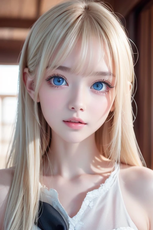 Very cute blonde girl、Very beautiful, large, bright, pale blue eyes、Gloss Face、Snow-white glossy skin、Cheek gloss、Super long hair、Ample Bust、Beautiful long bangs、Small Face Beauty、Very big eyes
