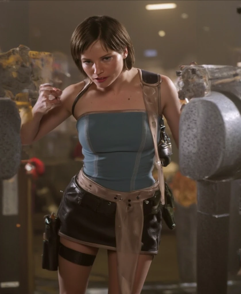 Front view, (best quality, masterpiece, highest detailed), (photorealistic:1.2), (detailed light:1.2), (Realistic skin texture:1.4), raw photo, resident evil, Jill Valentine, stands, looking at the viewer, dressed in  blue T-shirt and black short skirt, militant pose, night, zombie apocalypse