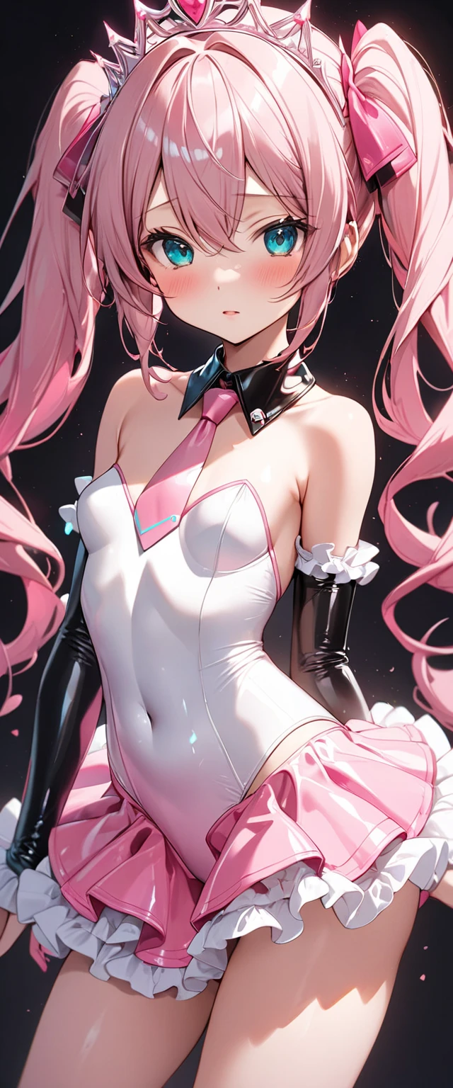 best quality, super fine, 16k, incredibly absurdres, extremely detailed, delicate, flashy and dynamic depiction, beautiful cute girl, sparkling light blue big round eyes, happy, shy, smile, pink twin tails, big long ahoge, thin flat body line, slender proportion, wearing pink and white horizontal striped knee-high socks, pink, white and black crop top, black micro bikini pants, red enamel long boots, cute pose, floating in the air, background iridescent aura-effect