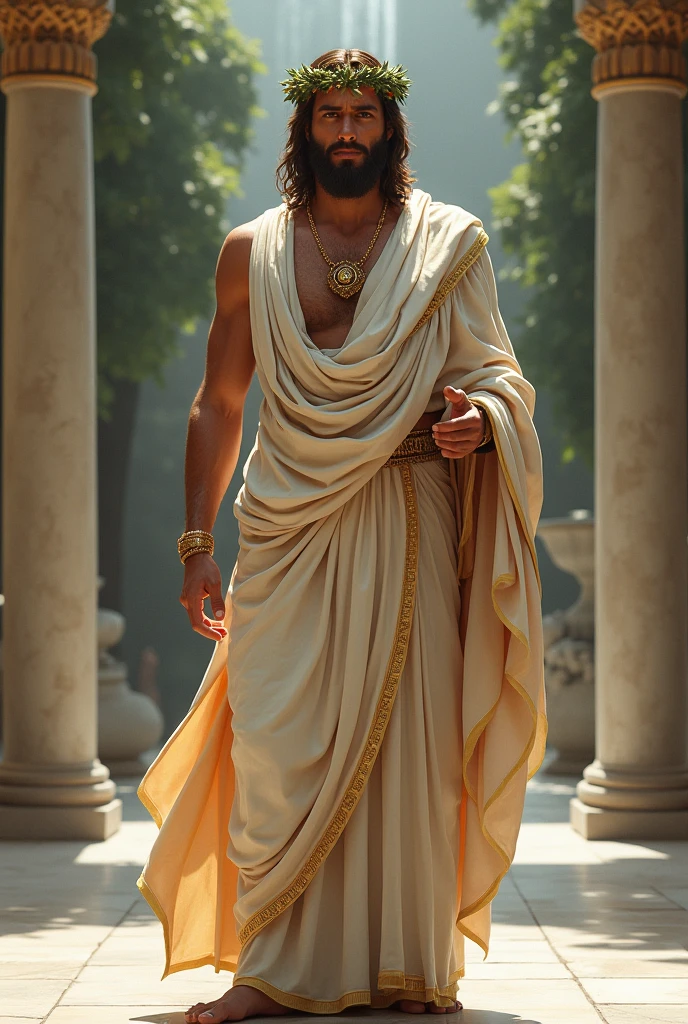 characters: Prometheus - Description: Prometheus - Epoch: Greek Antiquity - Clothing: Greek Tunic and Sandals - Place: Ancient Greece - Action: Presentation of Prometheus - Background: Ancient Greece - Map: Prometheus Close-up - Style: Hyper realistic, photographic realism, cinematography