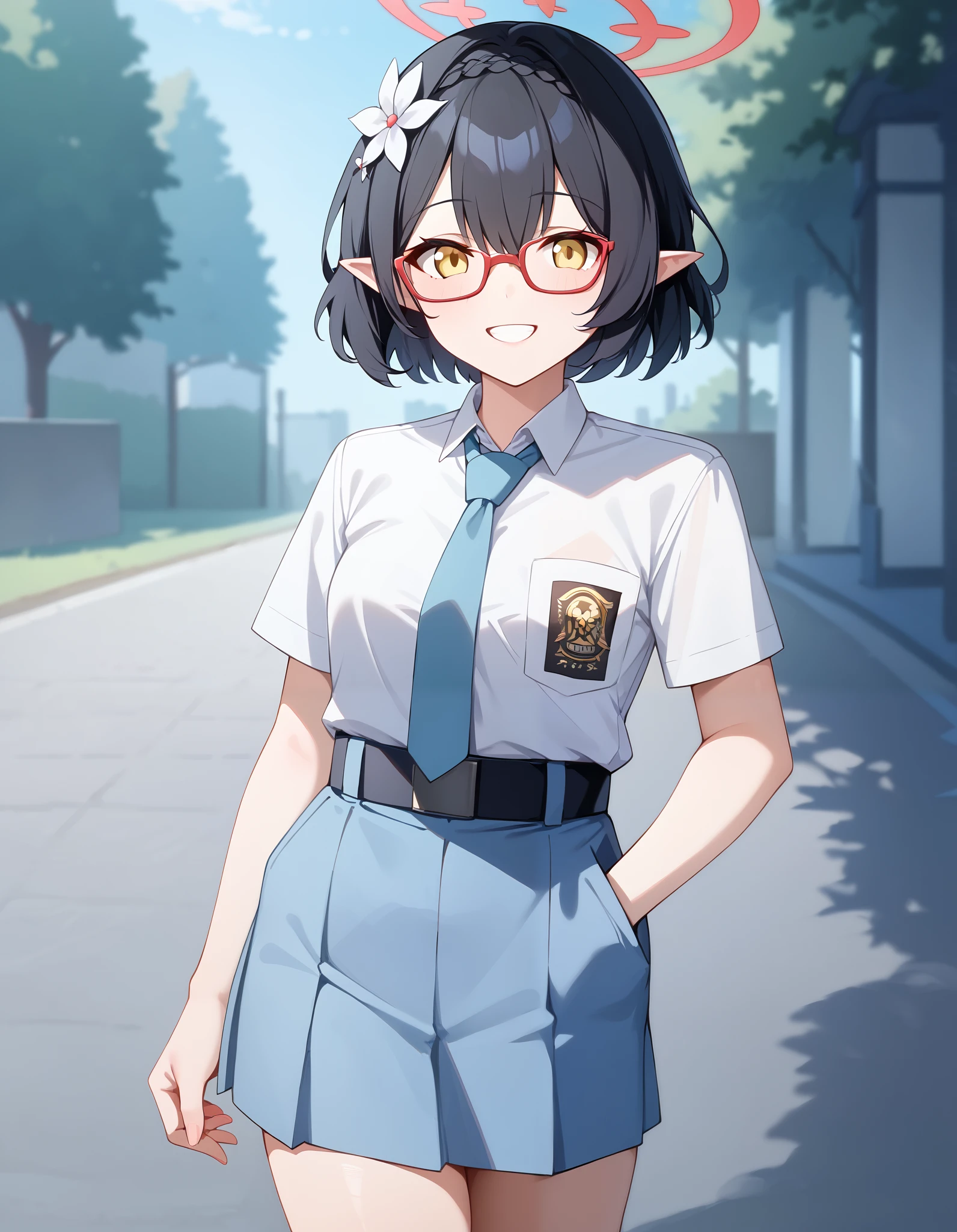 Masterpiece, hd, best quality, ayane \(blue archive\), smile, happy,yellow eyes,short hair,black hair,glasses,pointy ears,hair flower,halo, flat breasts, Indonesia high school uniform, wearing white collared shirt, short sleeves, light blue skirt, pleated skirt, light blue neck tie, pocket, school logo on pocket, wearing black belt, outdoor,  smile,  standing, cowboy shot