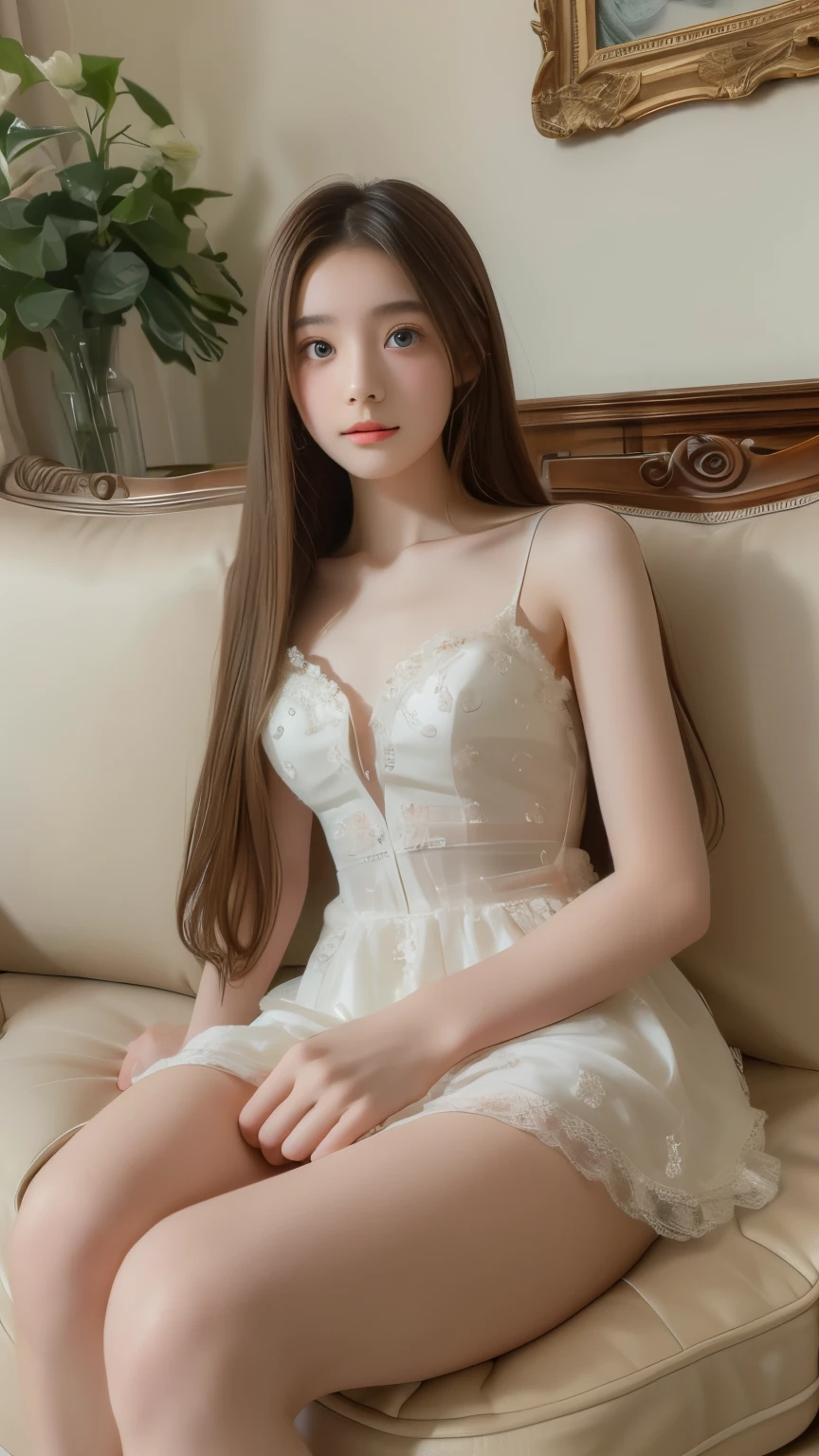 Boost quality, high quality, 8k masterpiece, a girl 22 years old.long hair,delicate features, dress, sit on the sofa, indoor