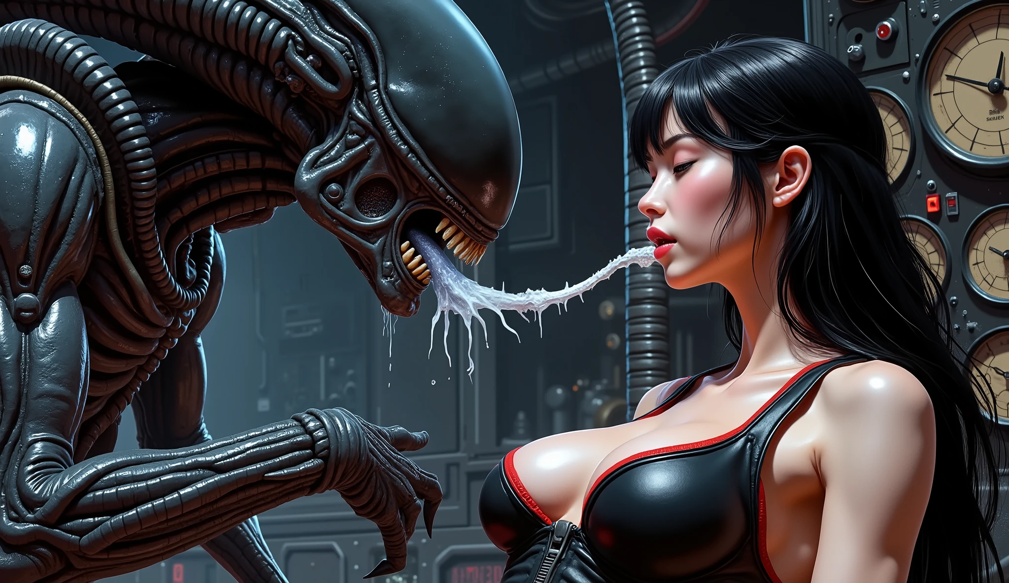 slender Japanese girl, wearing tight black leather space suit with red trim, watching a horny male xenomorph ejaculate, face hugger tube going down her throat, she welcomes it, on the derelict space freighter Nostromo, small breasts, curvy firm ass, vulva outlined in her tight space suit, very erotic, xenomorph is secreting a white substance on the girl, spurting it on her, surreal horror, Italian fumetto style, Mario Bava Italian sci-fi and horror aesthetic, high contrast, vivid colors, lurid eerie atmosphere, psychological tension, intricate line work, nightmarish atmosphere, porno magazines, retro, vintage, red and green tones, lo-fi vibe, steamy, dials. pipes, gauges, 60s aesthetic, horror movie, detailed, intricate, volumetric lighting,