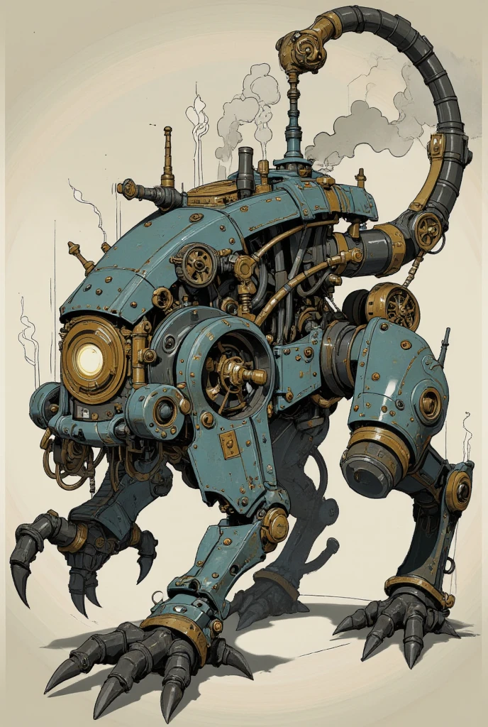 A fearsome creation with steel claws and a brass tail ending in a steam-powered drill. Its body is reinforced with riveted iron plates, and the hiss of pistons echoes as it moves, perfect for burrowing and demolition.