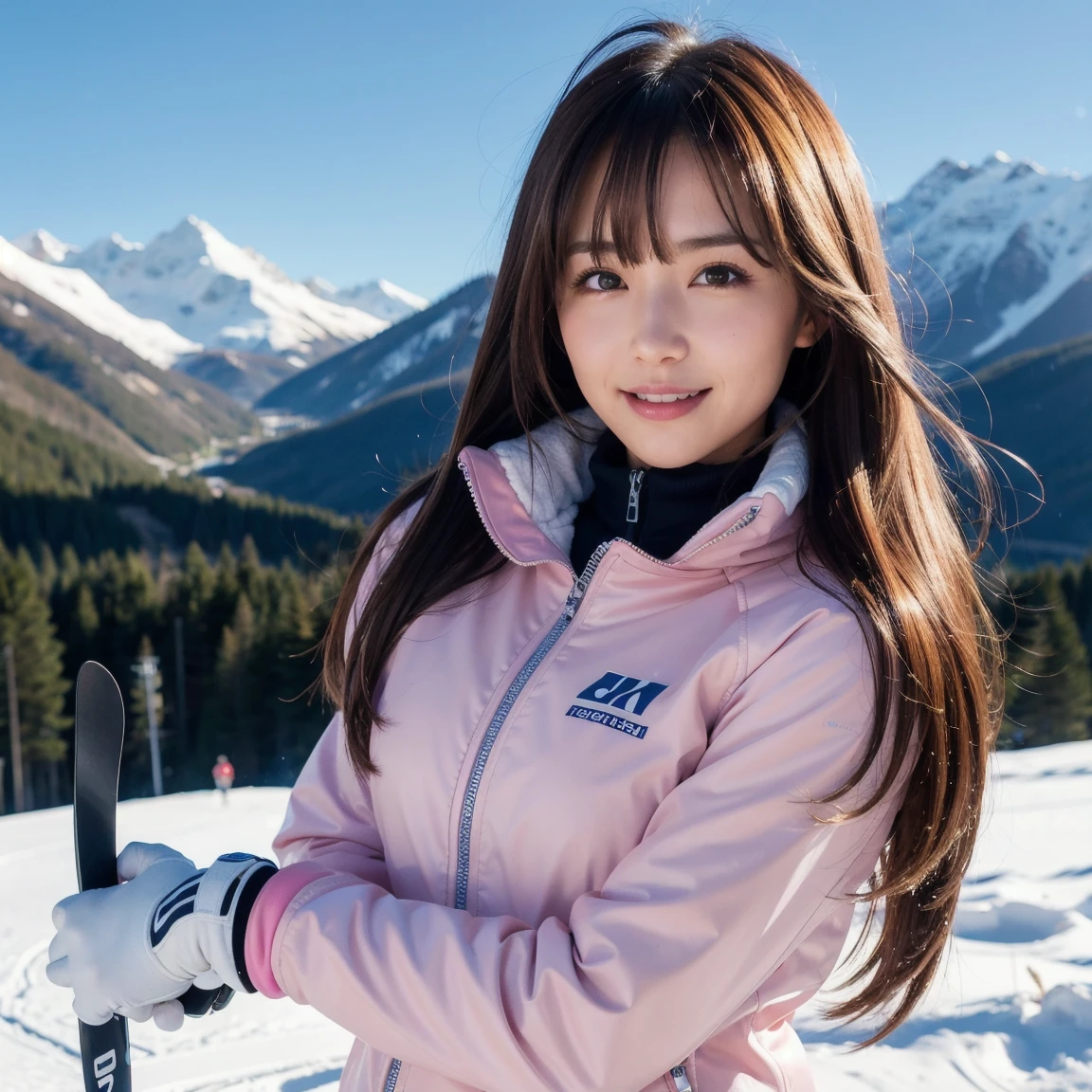 Product quality,  1 girl,  shot by a cowboy , Front View,  Japanese young and cute girl ,  long bob hair ,  It's snowing ,  enjoy skiing with a smile in the snowy mountains at night , Wear pink ski wear ,  long length white ski pants , Ski gloves , Super cute face,  glossy lips ,  double eyelids,  natural cosmetics, shiny smooth light brown hair of  long bob hair ,   asymmetrical bangs that grab the chest,  high res,  high detail,  Detailed hairstyle ,  detailed face ,  cinematic lighting,  octane rendering,  surreal,  Perfect Limbs ,  Perfect Anatomy, ski resort,Skis, blue sky,Lower the zipper on the ski suit to see the chest