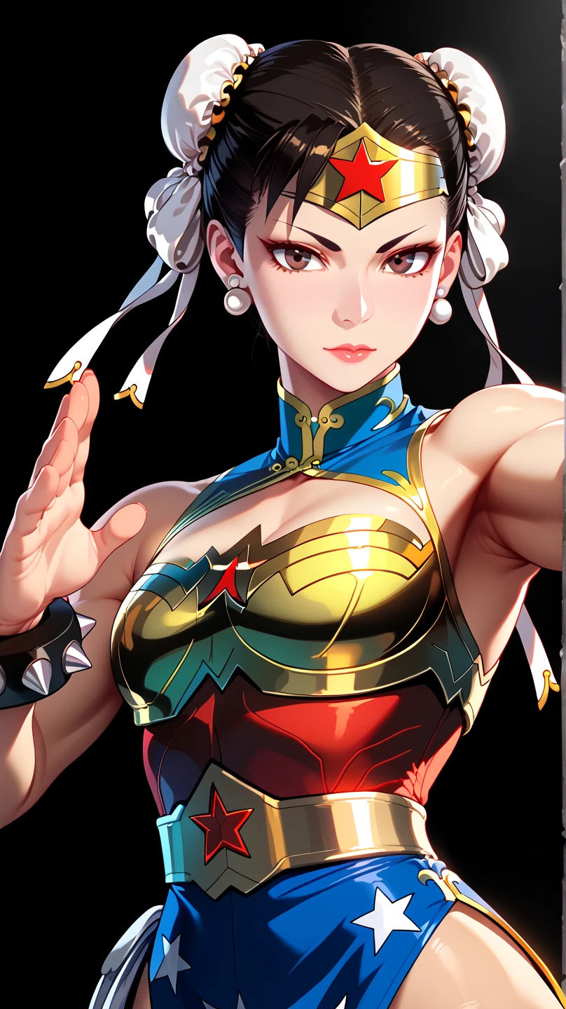 score_9, masterpiece, high quality, (Chun-li fusion merged With Wonder Woman), sexy body, smooth skin, metropolitan scene, dynamic pose, combined outfits, (8K), (Dramatic Lighting), half body photo, Expressiveh