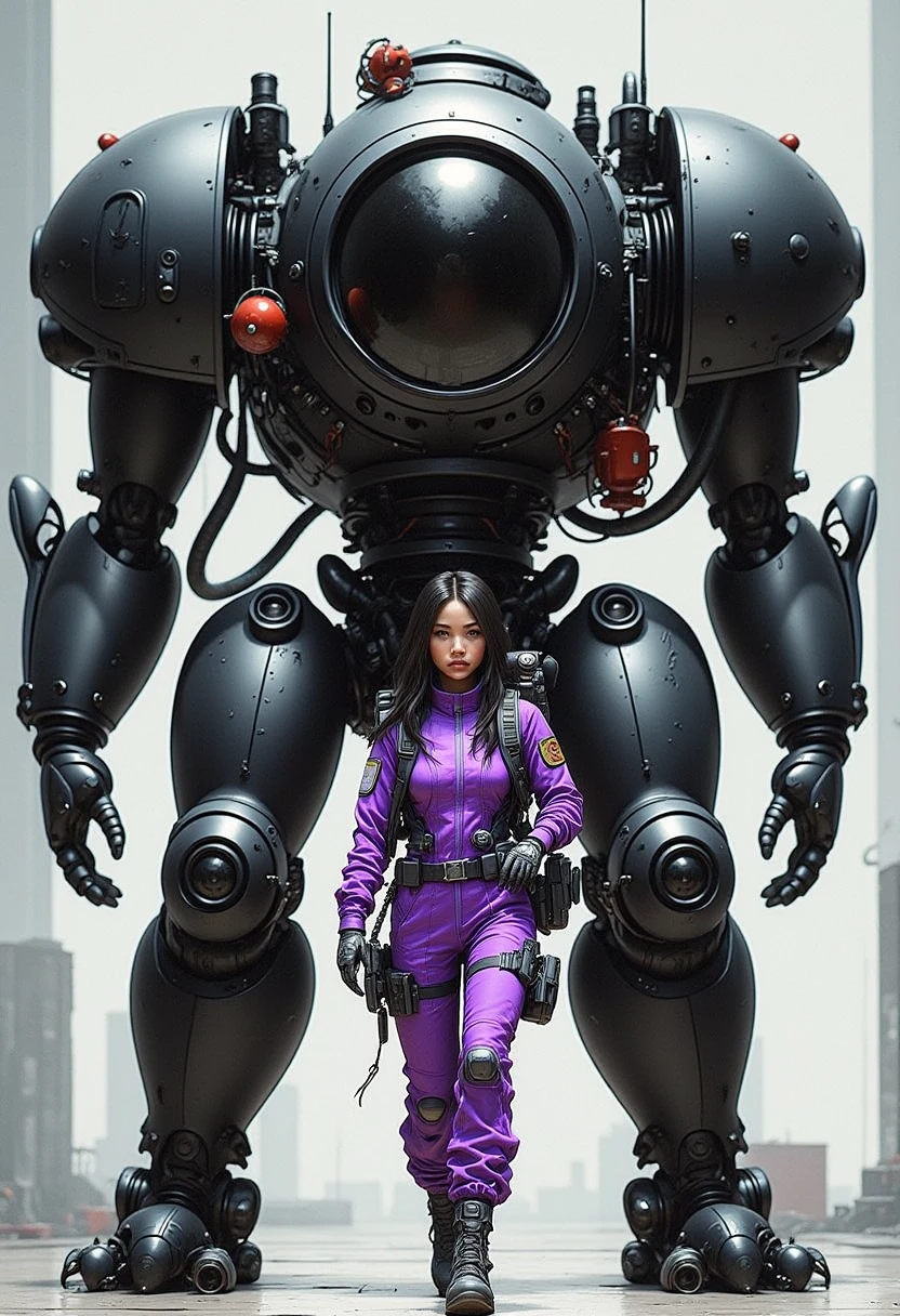 hyperrealistic A futuristic setting featuring a young woman standing confidently next to a large, rounded humanoid robotic mech. The woman is dressed in a bright purple, high-tech, padded jumpsuit, equipped with multiple utility pockets and reinforced gloves, giving her an adventurous and professional appearance. She has long black hair and an intense gaze. The mech is predominantly black with intricate mechanical details, a spherical cockpit with a glossy black window, and visible internal seating for pilots. It has large, articulated legs with sturdy joints, cables, and hydraulic systems, and a red component hanging centrally at the front. The environment is a minimalistic industrial backdrop with a neutral gray tone, emphasizing the futuristic and advanced technology theme.