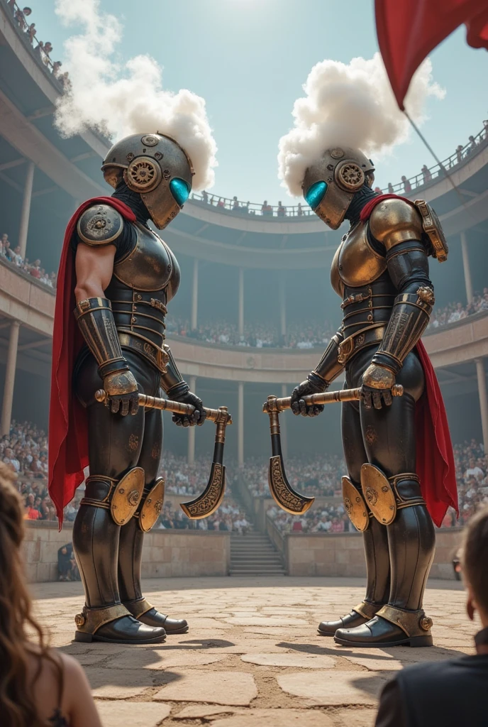  Two steampunk-style robot gladiators standing opposite each other in an ancient arena full of steam mechanics ， Some are mechanical adaptors 。两位蒸汽朋克风格的角斗士相对而立。A tall man， ， around the arena ， Surrounded by an ancient auditorium ， holding two steam short guns in their hands ， The head was a round with a gear decoration ， constantly spewing white fog from the pipe ， The axe handle is filled with steam ； with blue light in their eyes ，Two steampunk-style gladiators standing opposite each other with multiple small steam engines on their legs ， and a pair of steam propulsion devices similar to wings ， The axe blade has mysterious runes ， and the gun body is filled with heavy steam ， and the other one is more flexible 。 with thick steam pipes wrapped around the arena ， The audience is a nobleman dressed in gorgeous steam costumes ， preparing to shoot at their opponents ，They are waving a flag ，Shout and cheer。