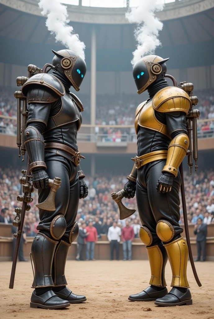  Two steampunk-style robot gladiators standing opposite each other in an ancient arena full of steam mechanics ， Some are mechanical adaptors 。两位蒸汽朋克风格的角斗士相对而立。A tall man， ， around the arena ， Surrounded by an ancient auditorium ， holding two steam short guns in their hands ， The head was a round with a gear decoration ， constantly spewing white fog from the pipe ， The axe handle is filled with steam ； with blue light in their eyes ，Two steampunk-style gladiators standing opposite each other with multiple small steam engines on their legs ， and a pair of steam propulsion devices similar to wings ， The axe blade has mysterious runes ， and the gun body is filled with heavy steam ， and the other one is more flexible 。 with thick steam pipes wrapped around the arena ， The audience is a nobleman dressed in gorgeous steam costumes ， preparing to shoot at their opponents ，They are waving a flag ，Shout and cheer。