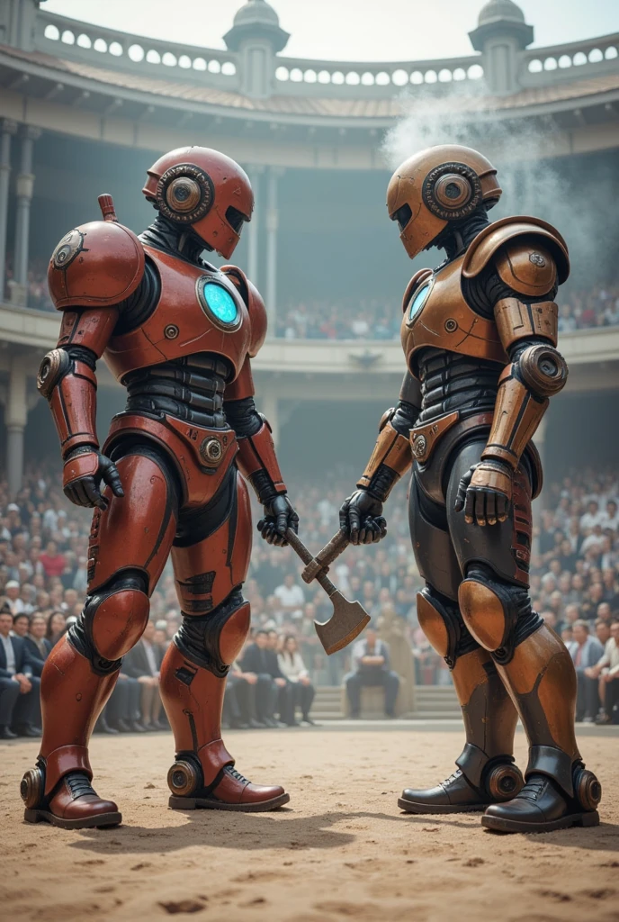  Two steampunk-style robot gladiators standing opposite each other in an ancient arena full of steam mechanics ， Some are mechanical adaptors 。两位蒸汽朋克风格的角斗士相对而立。A tall man， ， around the arena ， Surrounded by an ancient auditorium ， holding two steam short guns in their hands ， The head was a round with a gear decoration ， constantly spewing white fog from the pipe ， The axe handle is filled with steam ； with blue light in their eyes ，Two steampunk-style gladiators standing opposite each other with multiple small steam engines on their legs ， and a pair of steam propulsion devices similar to wings ， The axe blade has mysterious runes ， and the gun body is filled with heavy steam ， and the other one is more flexible 。 with thick steam pipes wrapped around the arena ， The audience is a nobleman dressed in gorgeous steam costumes ， preparing to shoot at their opponents ，They are waving a flag ，Shout and cheer。