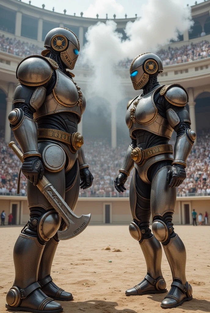  Two steampunk-style robot gladiators standing opposite each other in an ancient arena full of steam mechanics ， Some are mechanical adaptors 。两位蒸汽朋克风格的角斗士相对而立。A tall man， ， around the arena ， Surrounded by an ancient auditorium ， holding two steam short guns in their hands ， The head was a round with a gear decoration ， constantly spewing white fog from the pipe ， The axe handle is filled with steam ； with blue light in their eyes ，Two steampunk-style gladiators standing opposite each other with multiple small steam engines on their legs ， and a pair of steam propulsion devices similar to wings ， The axe blade has mysterious runes ， and the gun body is filled with heavy steam ， and the other one is more flexible 。 with thick steam pipes wrapped around the arena ， The audience is a nobleman dressed in gorgeous steam costumes ， preparing to shoot at their opponents ，They are waving a flag ，Shout and cheer。