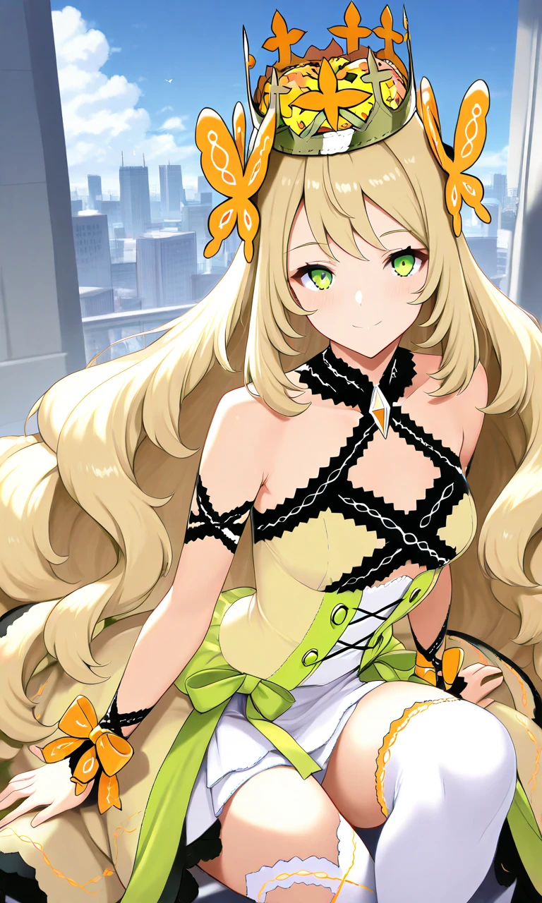 a cartoonish female dressed as an anime character holding hands to her mouth, 1girl, blonde hair, solo, long hair, green eyes, hair ornament, smile, sunglasses, navel, eyewear on head, nail polish, swimsuit, bikini, bare shoulders, v, bracelet, green bikini, jewelry, upper body