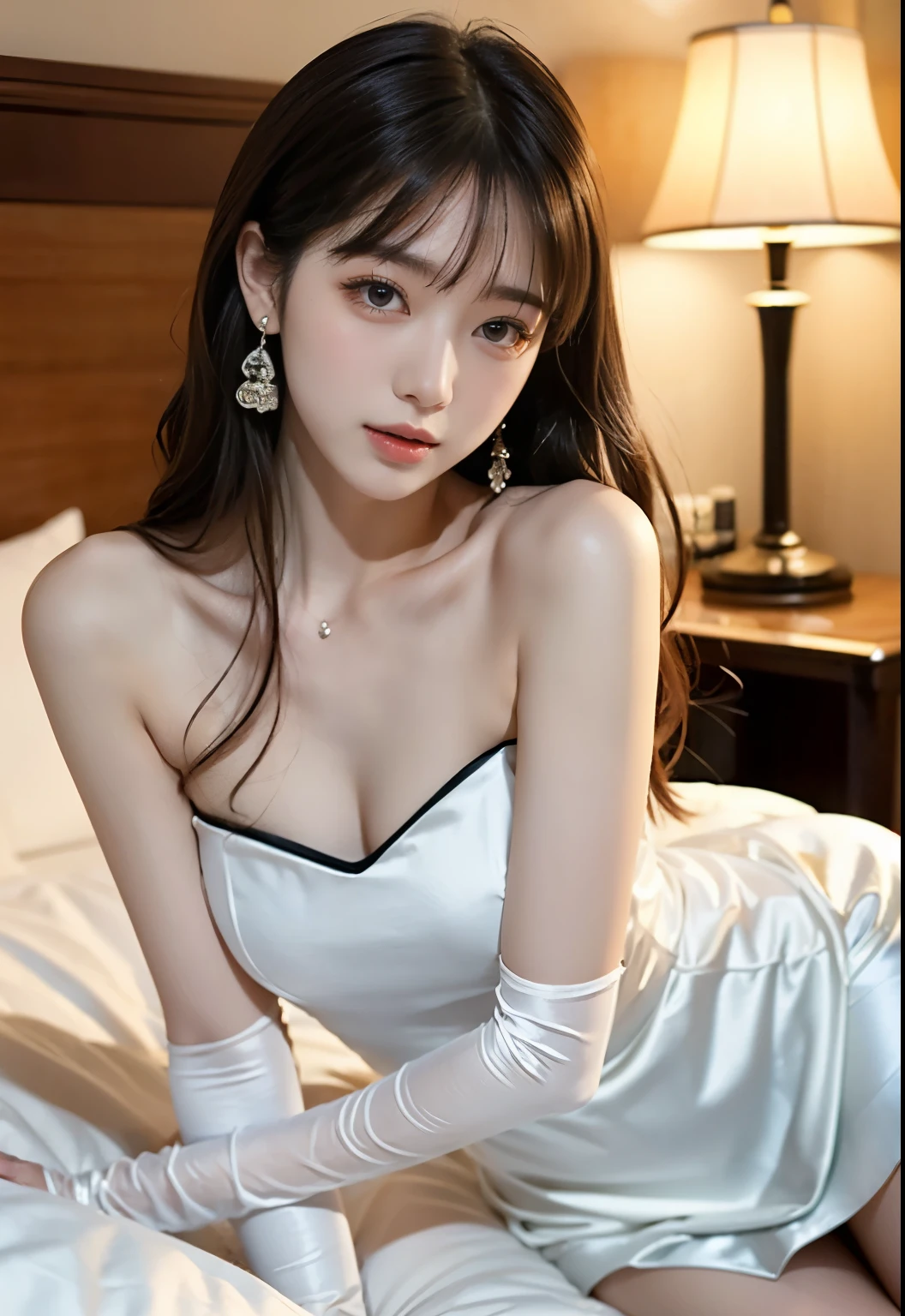 (Sleep in a hotel bed:1.5),((   legs spread out sideways   :1.2)),((( 1 Woman ))),    beautiful Japanese actress  , Age 25, Double Eyes  ,,   detailed face  , 大きな  Earrings for One Woman ，ラージ  necklace ，fine grain, Slender actress, (  bridal veil  :1.5），（  transparent short veil  ：1.5),（  Tube Top Wedding Dress：1.5），（Silk dress：1.2）,（ Strapless wedding dress ：1.5）, pure white tight dress ，  necklace ，  Earrings for One Woman ,    small breasts:1.3)，（  white long elbow gloves：1.4）, A white long skirt with a large shield  ，Beautiful pubic hair,   Young Sexy Japanese Woman  、K-POPアイドルのようだ、(}  、shout、  open your mouth wide 、  climax expression )、((put in、Deep joy,  drunk eyes:1.2)), (( I take my breath hard:1.2))、  ecstatic face、On the white sheets、 host 、  leaning against the backrest  、 My whole body is shaking  、 supple body、Delicate white skin、length, Thin legs、Alone、(  Beautiful and Accurate Finger Drawing  )、(I can&#39; lower body visible , but、I see your legs open..)