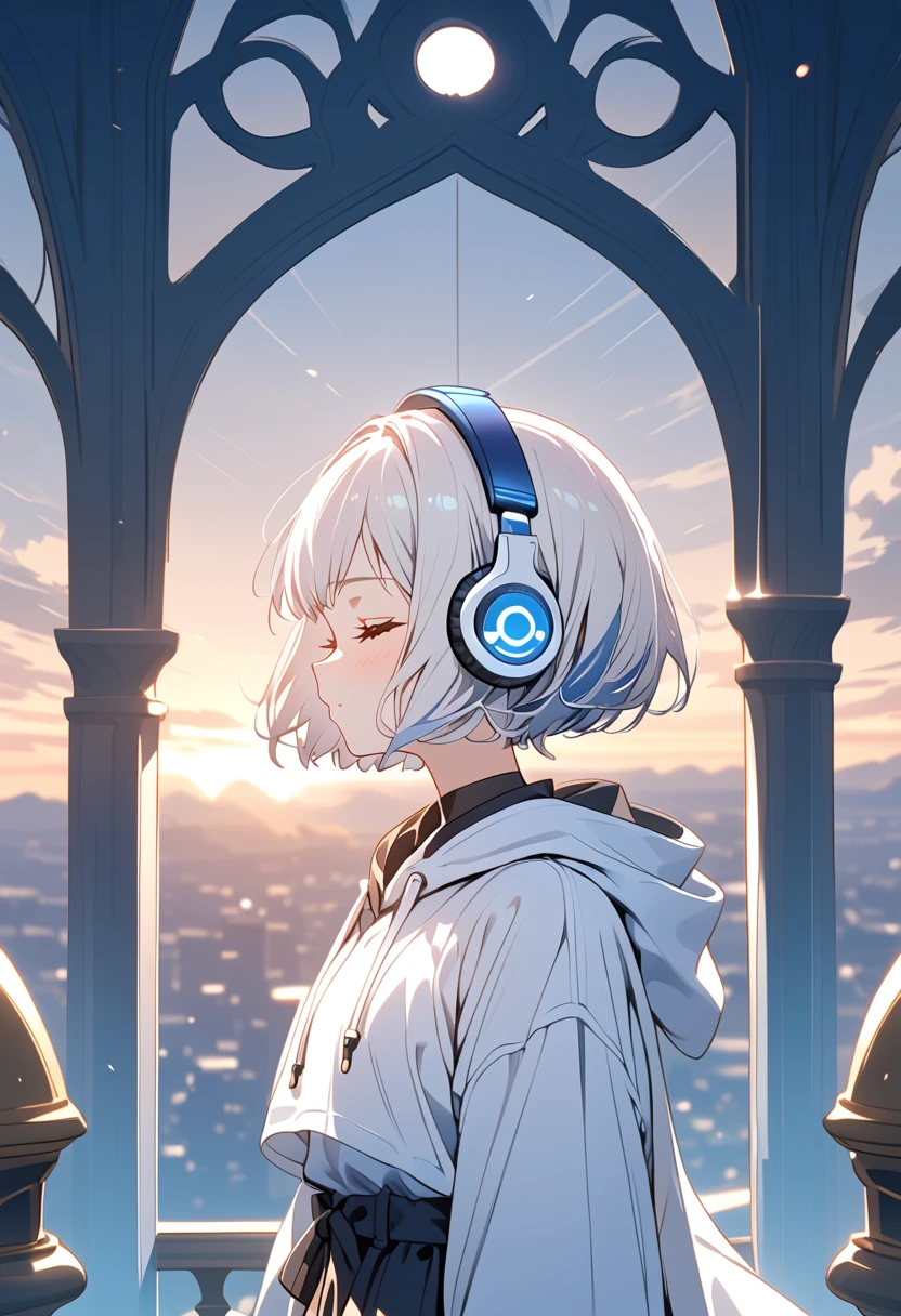 {{{masterpiece}}}, {{{ top quality }}}, {{ ultra detail }}, { cute, detail eyes},((side view,closed eyes)),  1 girl, Alone, ((white hair,pixie cut)),((((white headphones))),(((white hoodie))),((black cabbie hat)),(black Palazzo pants),((standing)),Midea,sunrise,clear sky