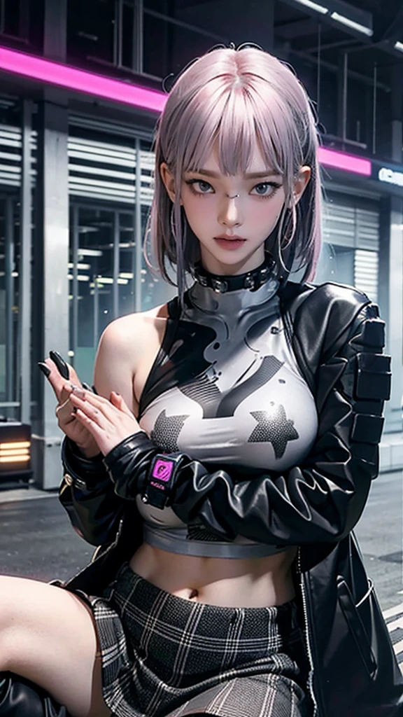 One girl, Gray Hair, Long Hair, Techwear masterpiece, highest quality, Realistic, realism, Dark purple jacket, Portraiture, Fine grain, Wearing the headset, Platinum Hair, 21 year old girl, Fashion pose, Half Body, Wide shot, on the road, cyber punk,(((He has many tattoos all over his body)), (((Tight waist))), ((Big Breasts)),(See-through),panties