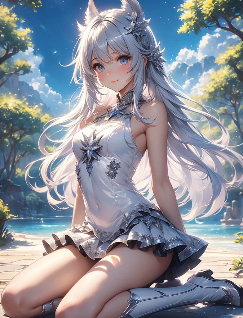 (Masterpiece), (Top Quality Anime Illustration), (Super Definition), (Super Detail), One Girl, Solo, Beautiful Girl with Silver Hair, Anime Loli, Cat Ear Loli, Petite, Lace Dress, Smile, Small, Cleavage, Underboob, Thighs, Wet Sheer, Underwater, Underwater Temple