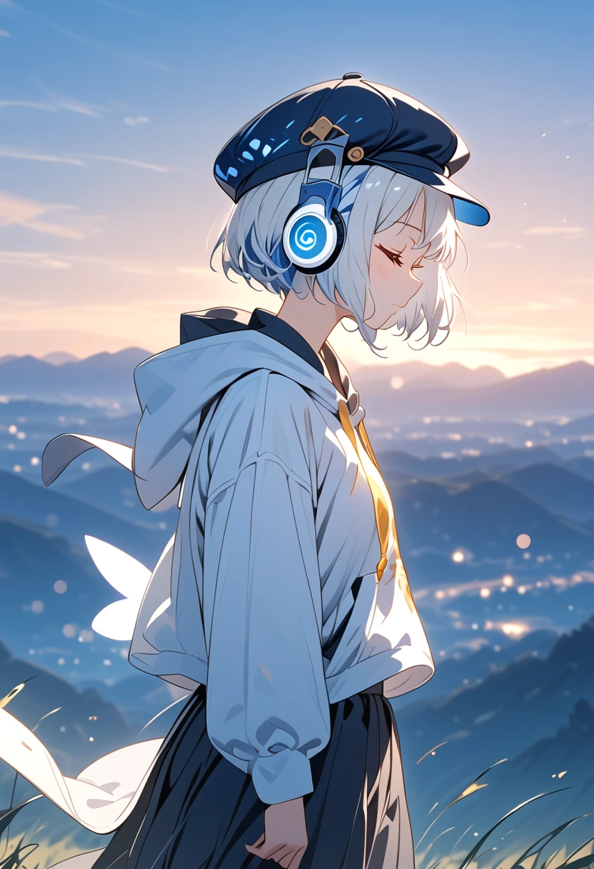 {{{masterpiece}}}, {{{ top quality }}}, {{ ultra detail }}, { cute, detail eyes},((side view,closed eyes)),  1 girl, Alone, ((white hair,pixie cut)),((((white headphones))),(((white hoodie))),(((black cabbie hat))),(black Palazzo pants),((standing)),Midea,sunrise,clear sky