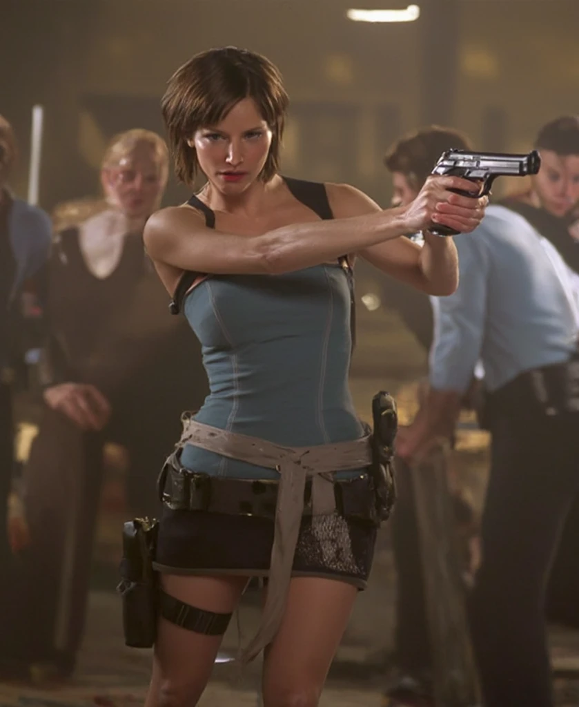 Sienna Guillory as Jill Valentine, black boots, black hair, short black skirt, blue top, Resident Evil Apocalypse,